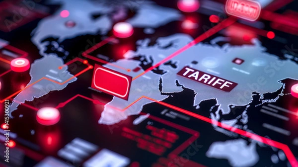 Obraz Virtual display of global trade icons with a bold red alert showing IMPORT TARIFF rising over a digital world map, symbolizing increased trade restrictions.