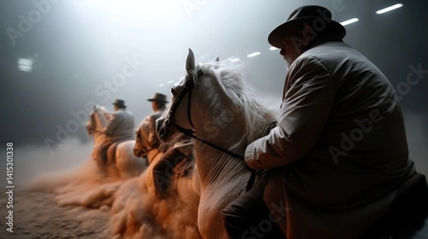 Fototapeta Three riders elegantly mounted on white horses are illuminated by dramatic light amidst swirling dust. The scene evokes a sense of adventure and connection with nature.