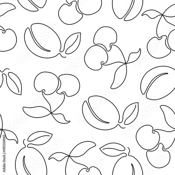 Obraz Seamless pattern with continuous one line drawing cherry and plum. Hand drawn white and black berries for fabric,  packaging paper and more.