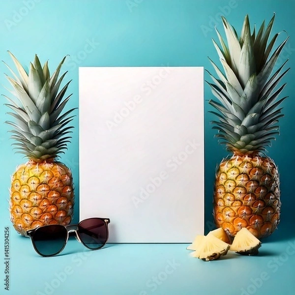 Obraz  Summer card with pineapples and sunglasses on blue background.