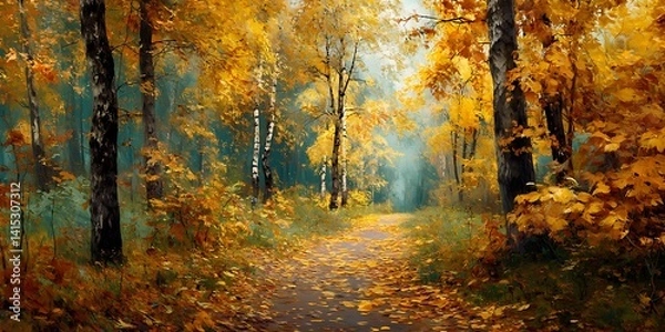 Fototapeta Enchanting Autumn Forest Path with Falling Golden Leaves and Sunlight