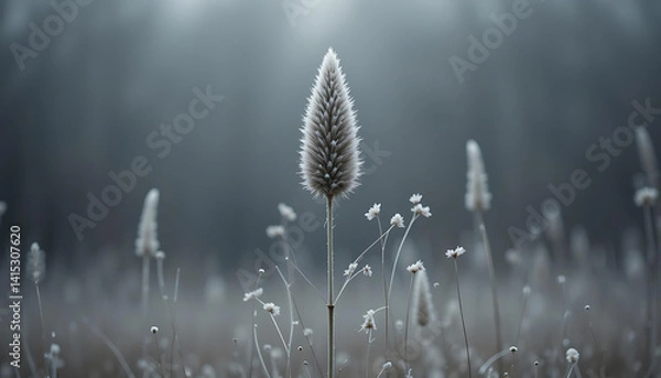 Fototapeta Ethereal Stillness: A Tall Grass Stalk Illuminated by Soft Light, Surrounded by Wildflowers in Misty Hues.