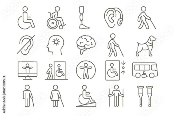 Fototapeta Collection of vector line icons depicting various aspects of accessibility and support for individuals with different abilities