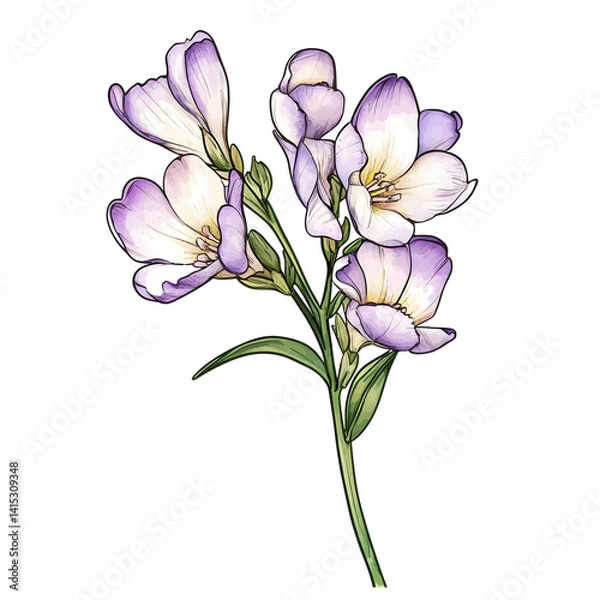 Obraz boho style freesia with faded lavender petals and dusty green stem hand-drawn earthy floral design clip art white background