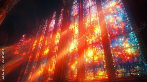 Fototapeta AI-generated illustration of stained glass windows in a cathedral with sunlight streaming through