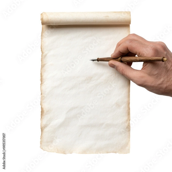 Fototapeta An artistic representation of a person writing with a quill pen on parchment paper in a classic setting.