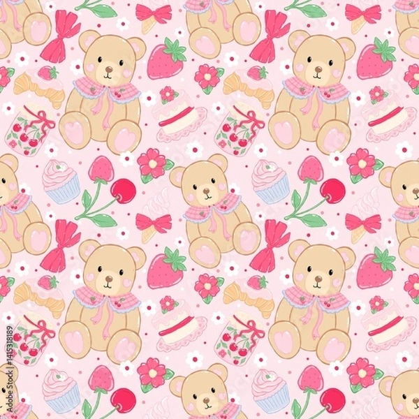 Fototapeta Sweet Teddy Bear seamless pattern. Kawaii Teddy Bear Bakery Seamless pattern.