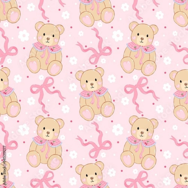 Fototapeta Vintage Teddy Bear Coquette Seamless Pattern. Soft Pink Teddy Bears and Bows Pattern