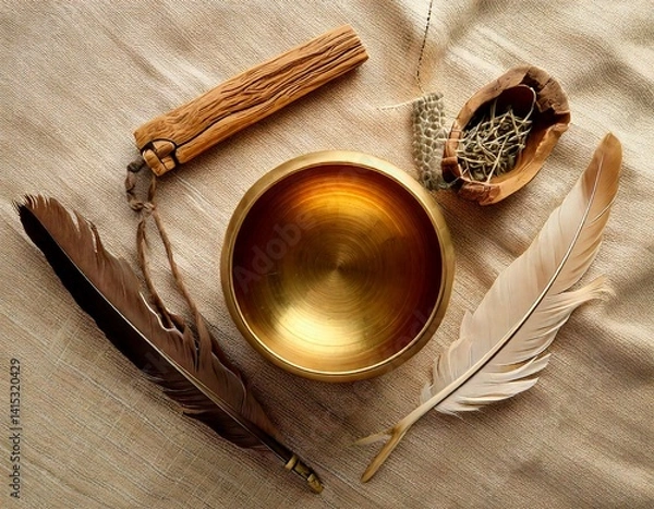 Fototapeta Top view of a meditation setup with singing bowl, feathers, palo santo, and linen background.