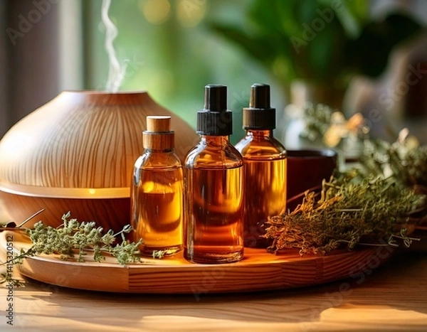 Fototapeta Essential oil bottles with herbs and a diffuser on a wooden tray, soft blurred background.