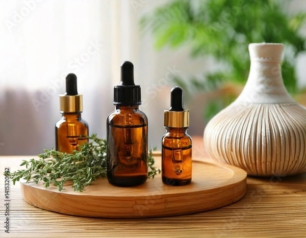 Fototapeta Essential oil bottles with herbs and a diffuser on a wooden tray, soft blurred background.
