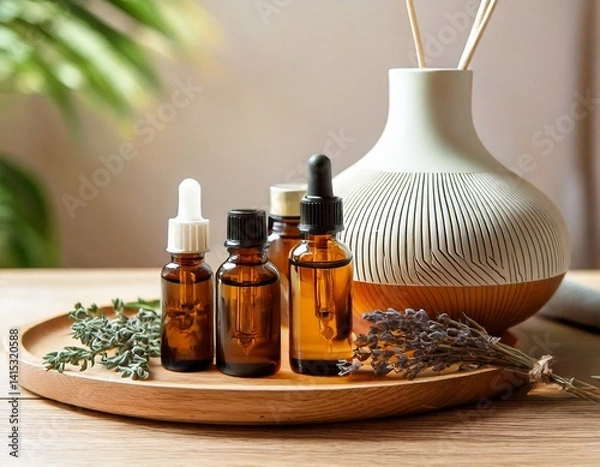 Fototapeta Essential oil bottles with herbs and a diffuser on a wooden tray, soft blurred background.