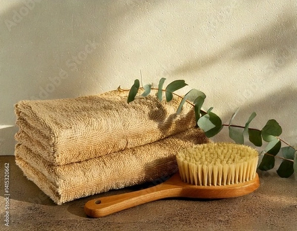 Fototapeta Stacked towels, wooden brush, and eucalyptus on stone surface, bathed in morning light.