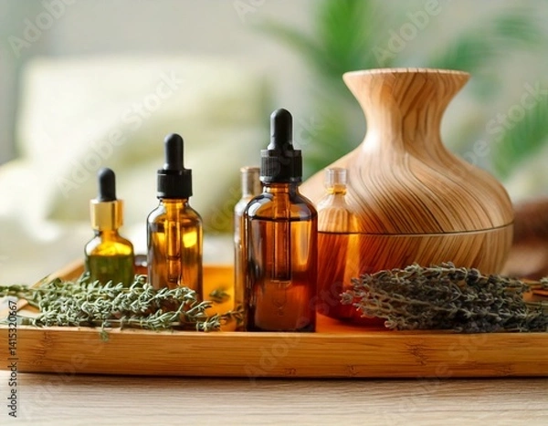Fototapeta Essential oil bottles with herbs and a diffuser on a wooden tray, soft blurred background.