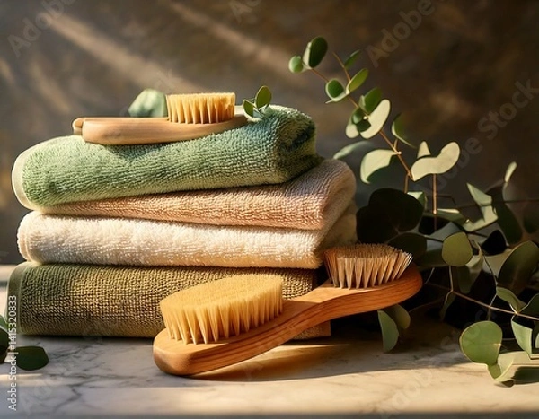 Fototapeta Stacked towels, wooden brush, and eucalyptus on stone surface, bathed in morning light.