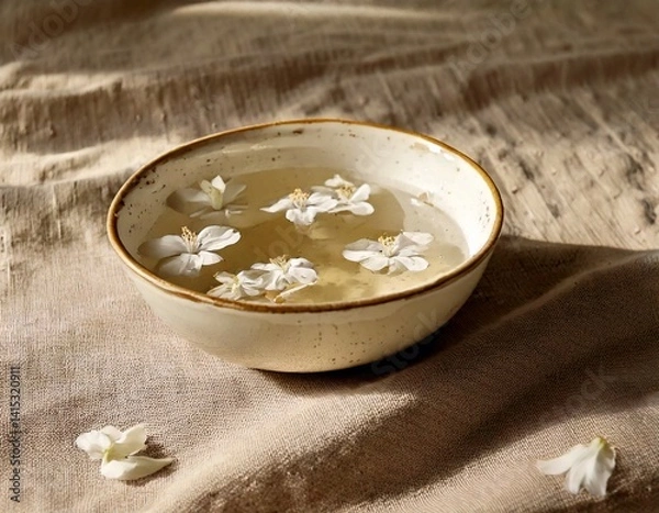 Fototapeta Ceramic bowl with water and floating flower petals on linen cloth, soft daylight and muted background