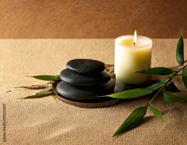 Fototapeta Minimalist spa scene with smooth black stones, bamboo leaves, and a lit candle on a sand-textured background.