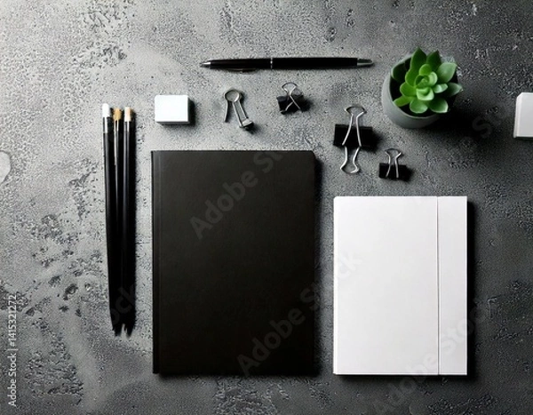 Fototapeta Flatlay of a modern workspace with a silver laptop, wireless mouse, notepad, and coffee cup on a white background with soft shadows.