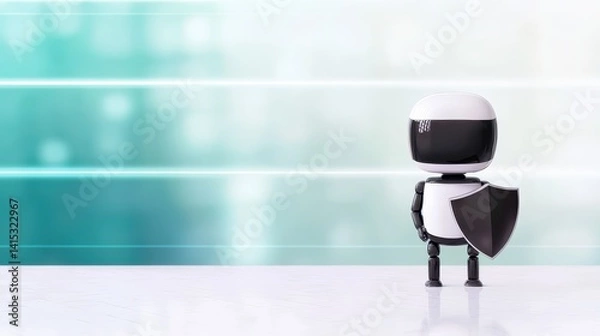 Fototapeta Cute Robot Character with Shield on Minimalist Background