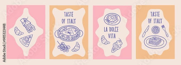 Fototapeta Set of cute Italian food postcards with hand-drawn pen-like illustrations. Includes pizza, pasta, fish, lasagna, asparagus, gelato, and tomatoes on colorful retro backgrounds.
