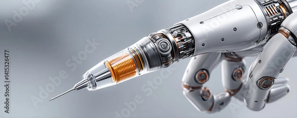 Fototapeta healthcare technology AI diagnostics virtual services concept. Robotic hand holding a syringe, showcasing advanced technology in medical applications.