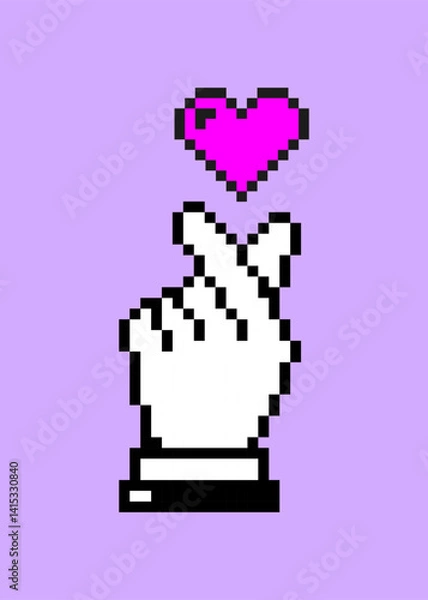 Fototapeta Retro Pixel finger heart. 8 bit pixel art hand icon with heart, pixel hands gestures icons set. Retro Game art isolated vector illustration. Pixel perfect. Nostalgia