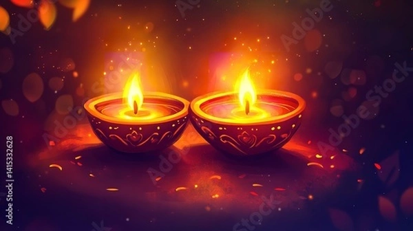 Obraz Twin Diyas illuminating Diwali's magical night with warm, glowing light and enchanting bokeh.