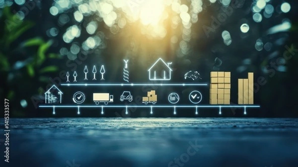 Fototapeta Supply Chain Concept with Delivery Icons and Nature Background