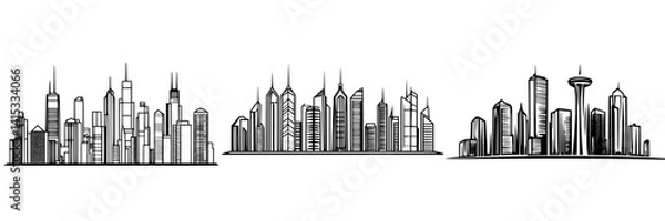 Fototapeta Vector illustration of three city skylines showcasing modern architecture and diverse cityscapes during daylight