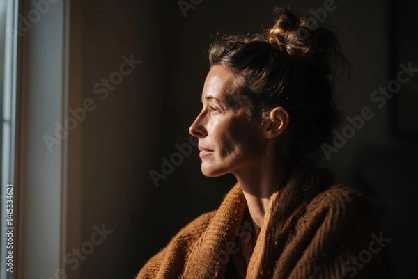 Fototapeta Contemplation by the Window: A woman in a warm brown sweater sits by a window, bathed in soft sunlight.  Her profile is illuminated, her gaze cast outward.