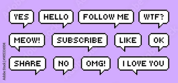 Fototapeta Set of pixel art speech bubbles for Social media. Subscribe, Follow me, share. Nostalgia arcade. Retro game style dialogue box and icons. Modern vector illustration.