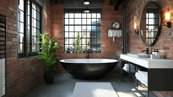 Fototapeta Modern bathroom with brick walls and urban view