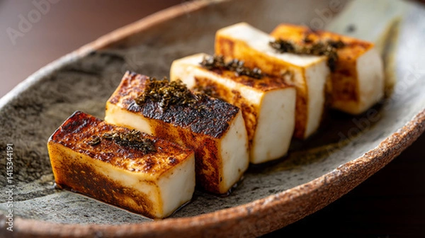 Fototapeta Grilled tofu slices with miso glaze rustic ceramic p