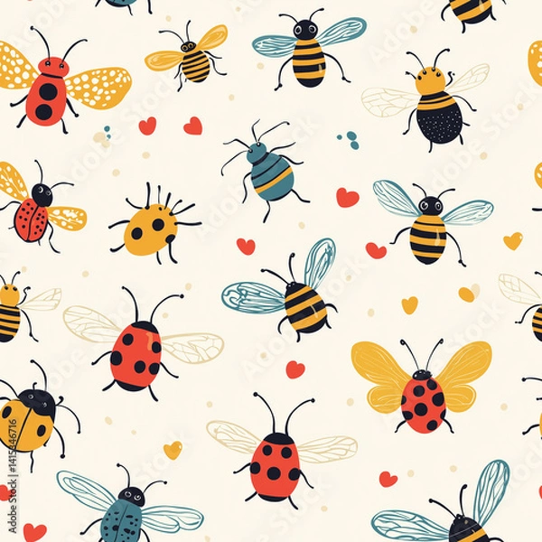 Fototapeta Playful doodle lines seamless pattern with bees and hearts irregular motifs fun wallpaper backdrop for creative backgrounds