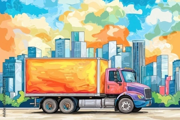 Obraz Colorful truck in urban skyline with abstract clouds in the background.
