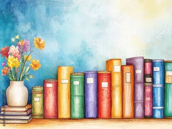Fototapeta Colorful books on a shelf with a vase of flowers, creating a cozy literary atmosphere.
