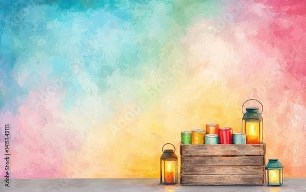 Obraz Colorful wall backdrop with wooden crates and lanterns, creating a cozy ambiance.