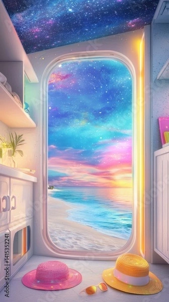 Obraz A vibrant beach scene viewed through a door, featuring hats and a sunset over the ocean.