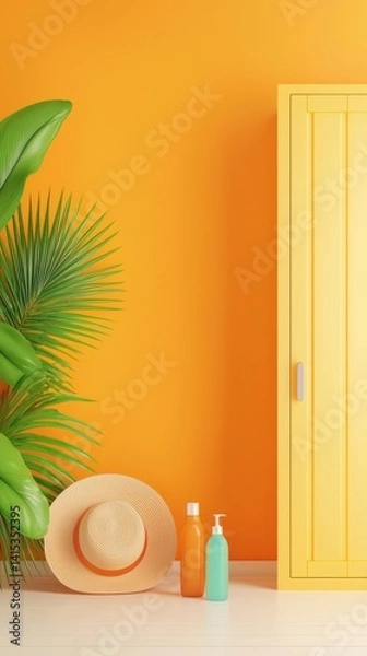 Obraz Vibrant interior with tropical decor, featuring a yellow cabinet, hat, and colorful bottles against an orange wall.