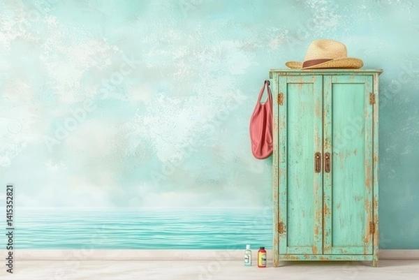 Obraz Vintage turquoise cabinet against a serene backdrop of water, evoking a coastal aesthetic.