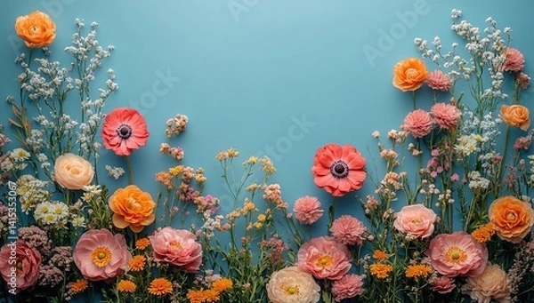Obraz Floral Arrangement of Poppies, Ranunculus, and Baby's Breath on a Light Blue Backdrop