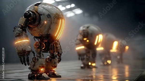 Fototapeta Futuristic Robots in Industrial Setting with Glowing Elements