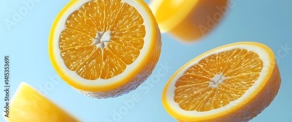 Obraz Floating sliced oranges on a bright blue background, minimalistic, vibrant color contrast, modern style