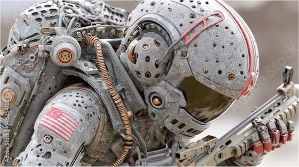 Fototapeta Futuristic astronaut in detailed space suit with weapon and gear
