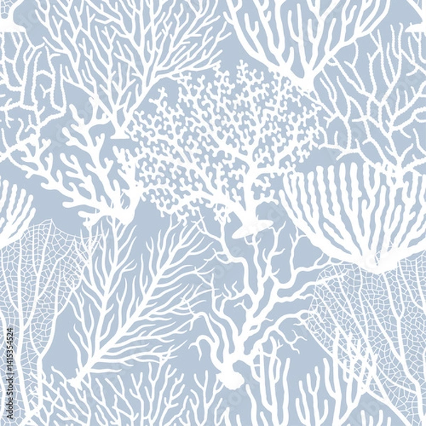 Fototapeta Coral marine seamless pattern. Vector Square Texture in gentle colors White and Blue Colors