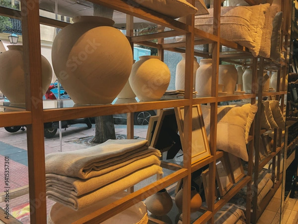 Obraz Earthenware vases and candle holders are arranged on a shelf, textured pillows in front, creating rustic scene. Artistically arranged earthenware vase