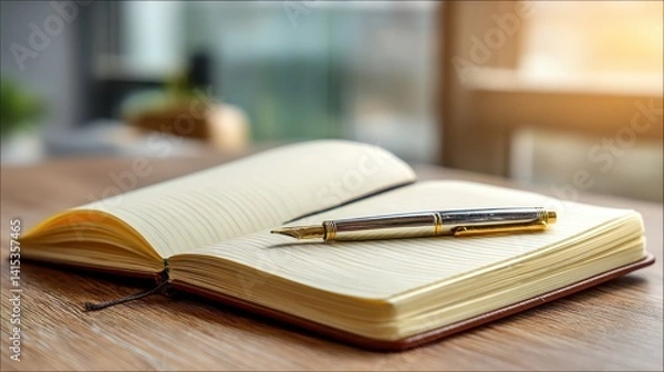 Obraz Open Notebook with Pen: An open notebook with lined pages, resting on a wooden desk, is ready to capture thoughts and ideas, with a  silver fountain pen placed thoughtfully on the pages. The warm.