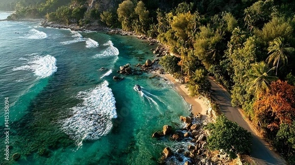 Fototapeta Serene Aerial View of Tropical Beach with Clear Water and Lush Greens