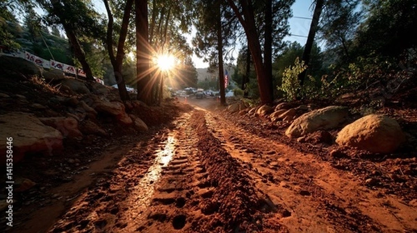 Fototapeta Muddy Trail with Tire Marks Surrounded by Trees and Sunlight