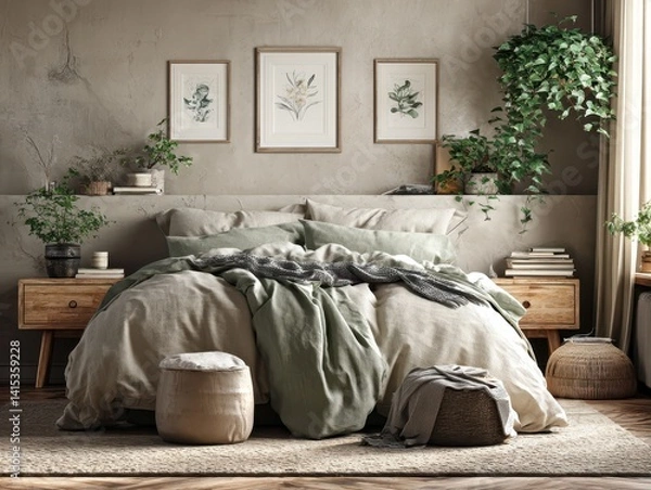 Fototapeta Serene bedroom with a muted green bed, botanical prints, and abundant houseplants creating a calming, natural aesthetic